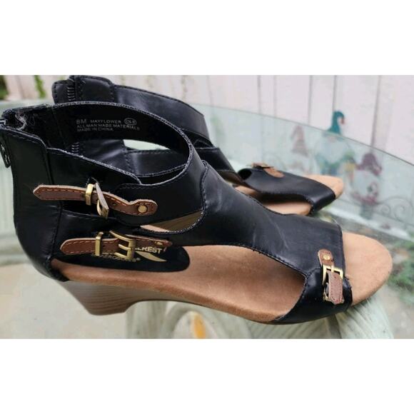 Aerosoles A2 Women's Zenfandel Wedge Sandal Size 8 Black With Brown Buckle - Picture 10 of 13